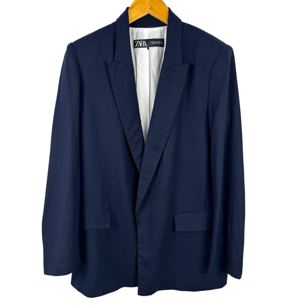 Zara Navy Blue Linen Blend Open Front Blazer Jacket Size Medium Striped Lining - Picture 3 of 16